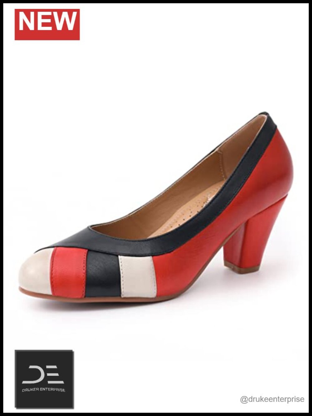 Women's Retro Leather Pumps Block Heel Round Toe Cushioned Comfort Dress Shoes